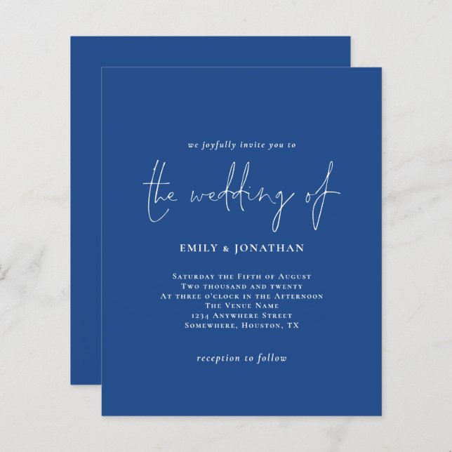 Budget Simple White Blue QR Code Wedding Invite (Front/Back)