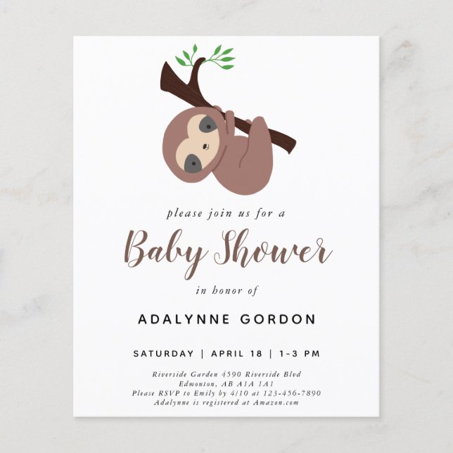 Budget Sloth Baby Shower Boy Adorable Animal  (Front)