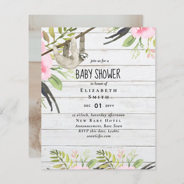 BUDGET Sloth PHOTO BABY Event Invitation Girl Boy (Front/Back)