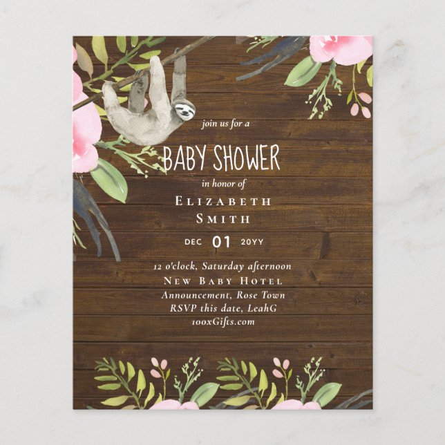 BUDGET Sloth PHOTO BABY Event Invitation Girl Boy Flyer (Front)