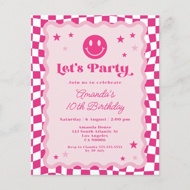 Budget Smile Face Hot Pink Retro Birthday Invite (Front)