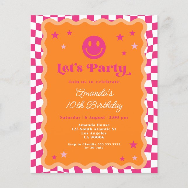 Budget Smile Face Pink Orange Wavy Birthday Invite (Front)
