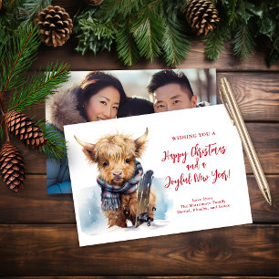 Budget Snowboarding Highland Cow Photo Card