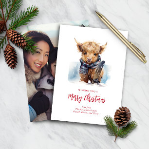 Budget Snowboarding Highland Cow Photo Card/Vert