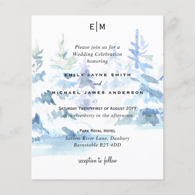 Budget Snowy Mountain Trees Skiing Wedding Invites Flyer (Front)