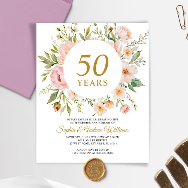Budget Soft Flowers 50th Anniversary Invitation (Creator Uploaded)