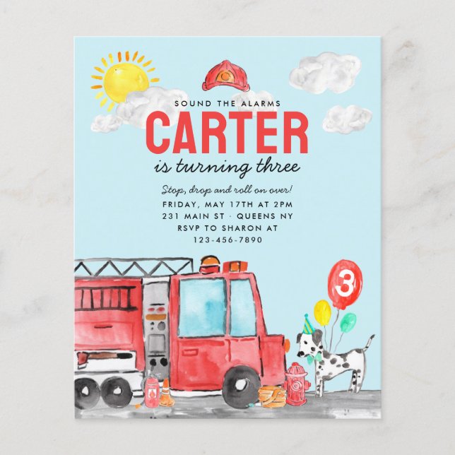 Budget Sound the Alarm Fire Truck Fireman Birthday Flyer (Front)