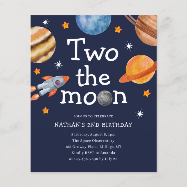 Budget Space Boy's Blue Second Birthday Invite  (Front)