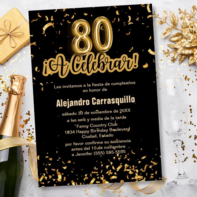 Budget Spanish Black & Gold Confetti 80th Birthday Invitation (Creator Uploaded)