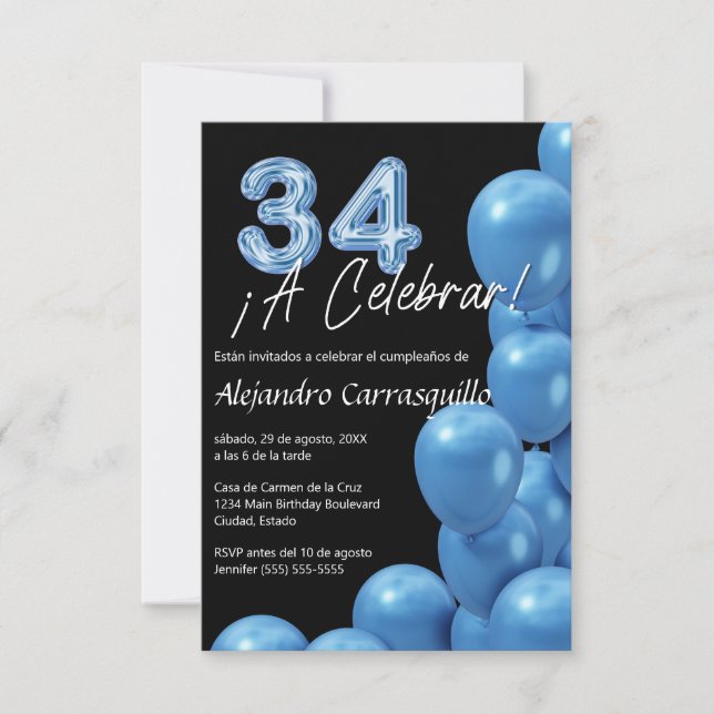 Budget Spanish Blue Balloons Black 34th Birthday Invitation (Front)