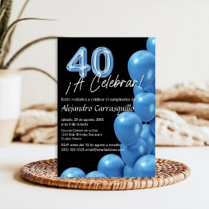 Budget Spanish Blue Balloons & Black 40th Birthday Invitation