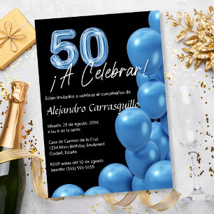 Budget Spanish Blue Balloons Black 50th Birthday Invitation