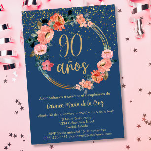 Budget Spanish Blue Elegant 90th Birthday Party Invitation