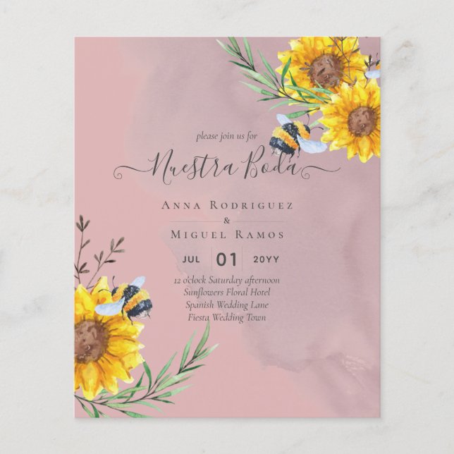 BUDGET Spanish BODA Sunflowers Bees Invitations Flyer (Front)