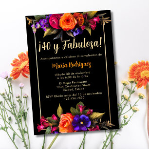 Budget Spanish Elegant Florals Black 40th Birthday Invitation