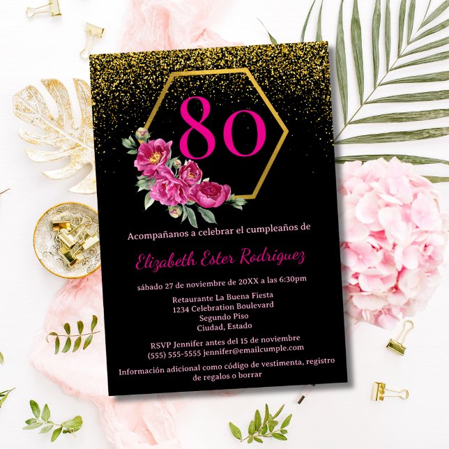 Budget Spanish Glam Black Gold Pink 80th Birthday Invitation (Creator Uploaded)