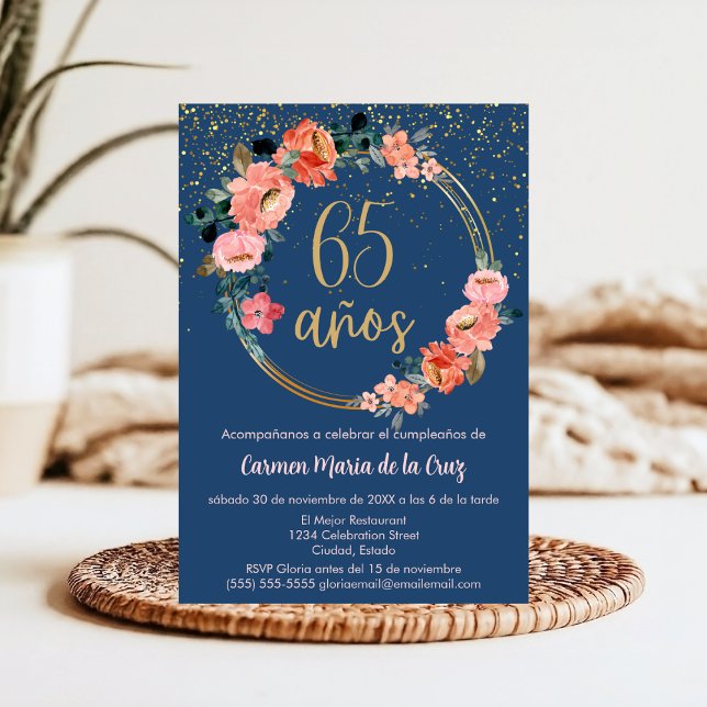 Budget Spanish Gold Blue Pink Floral 65th Birthday Invitation (Creator Uploaded)