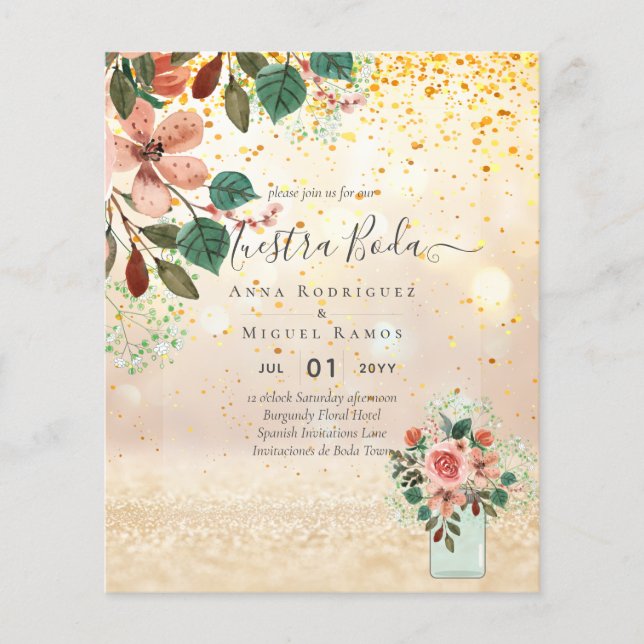 budget Spanish Wedding Invitacions Burgundy Floral (Front)