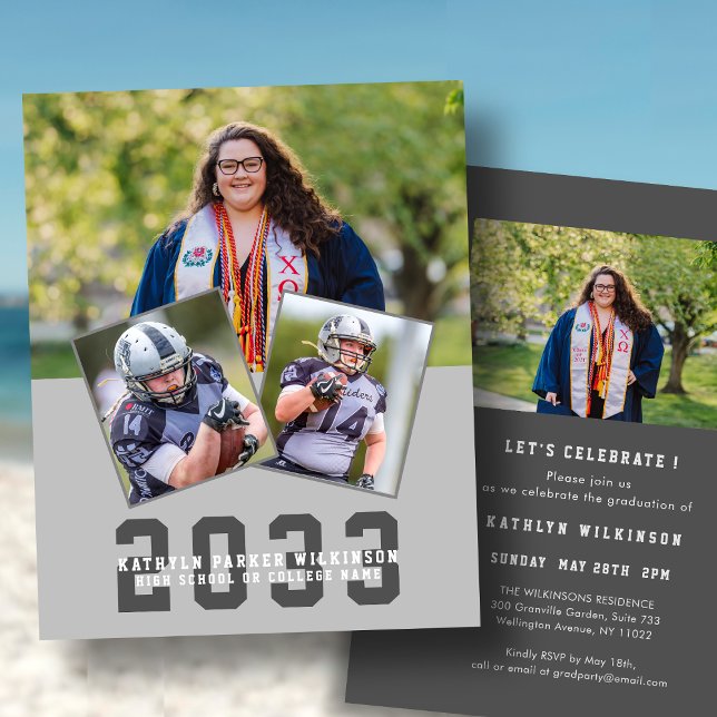Budget Sporty Girl Modern 4 photo GRAD Invitation (Creator Uploaded)