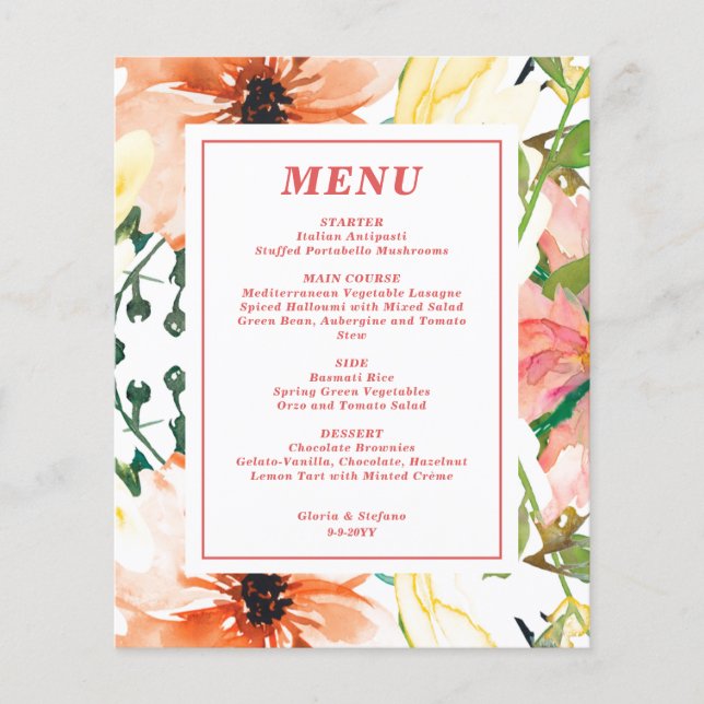 Budget Spring Floral Wedding Menu (Front)