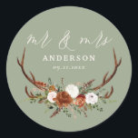 Budget stag rustic botanical wedding sage green classic round sticker<br><div class="desc">Budget rustic floral and stag antlers wedding design. With beautiful rust,  terracotta,  blush pink and sage green pampas grass eucalyptus watercolor details. This modern wedding design is sure to set the style for your big day.</div>