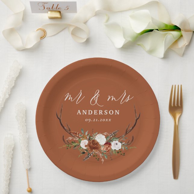 Budget Stag rustic botanical wedding terracotta Paper Plate (Wedding)
