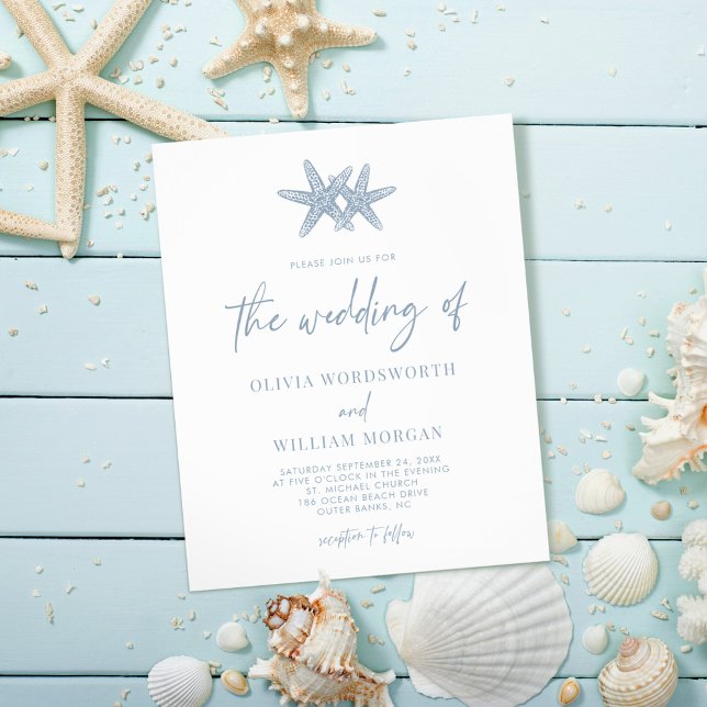 Budget Starfish Dusty Blue Script Wedding Invite Flyer (Creator Uploaded)