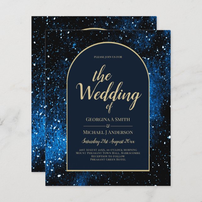 BUDGET Starry Night Navy Blue Gold Wedding INVITE (Front/Back)