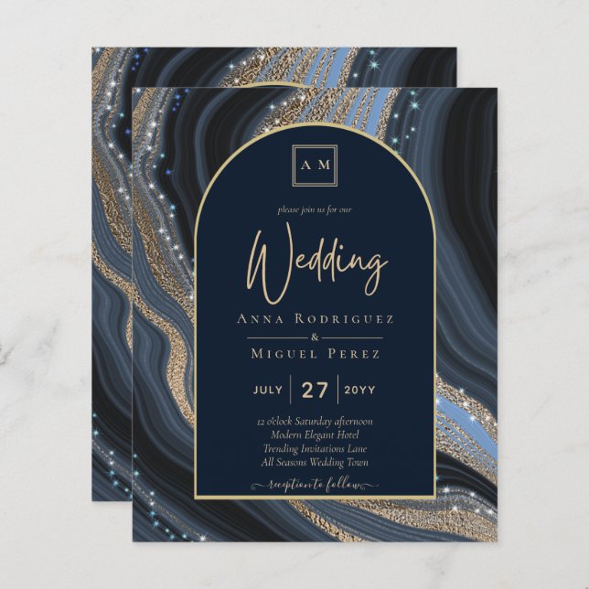 BUDGET Starry Night Navy Gold Agate Wedding INVITE (Front/Back)