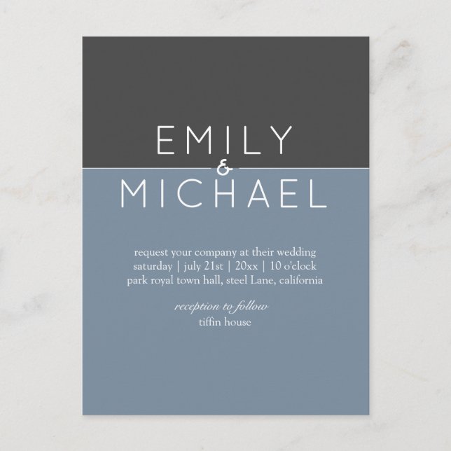 Budget Steel Blue Modern Wedding Invtiation Postcard (Front)