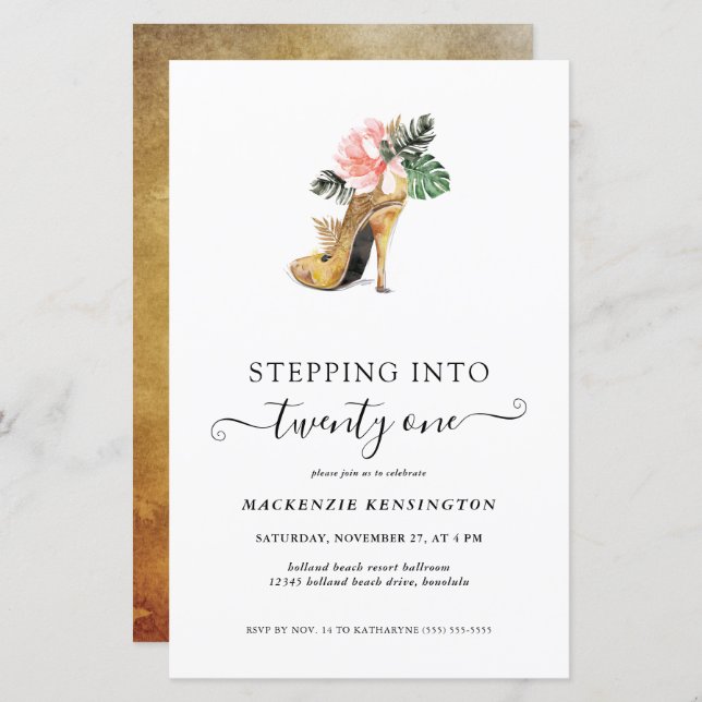 Budget Stepping Into 21 Floral Gold Heels Birthday (Front/Back)