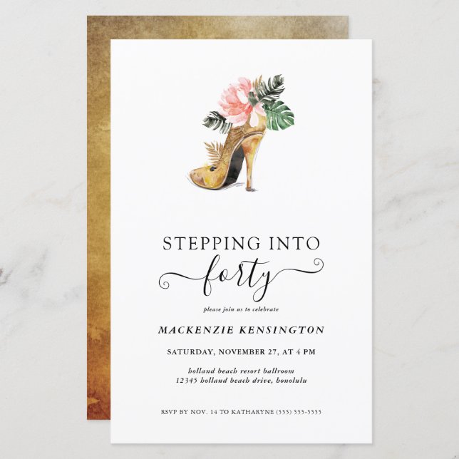 Budget Stepping Into 40 Floral Gold Heels Birthday (Front/Back)