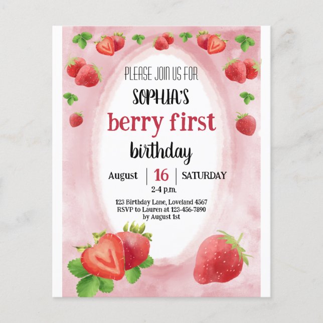 Budget Strawberry 1st Birthday Sweet Berry Invite (Front)