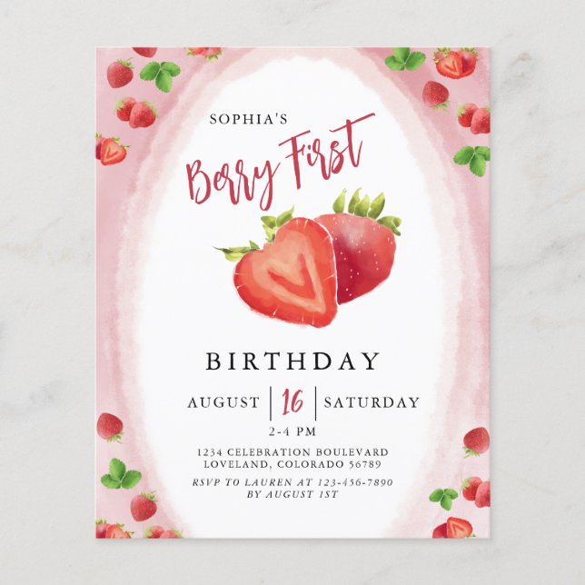 Budget Strawberry Berry First Birthday Invitation (Front)