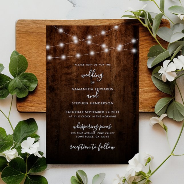 Budget String Light Rustic Wood Wedding Invitation (Creator Uploaded)