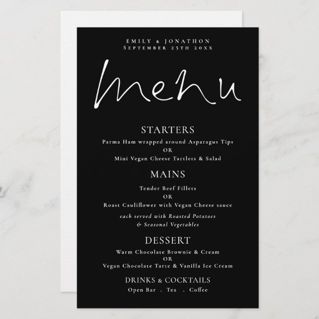 Budget Stylish Script White Black Wedding Menu (Front/Back)