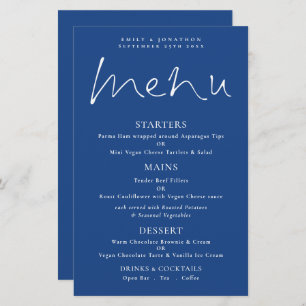 Budget Stylish Script White Blue Wedding Menu