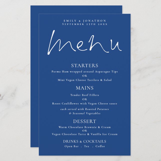 Budget Stylish Script White Blue Wedding Menu (Front/Back)