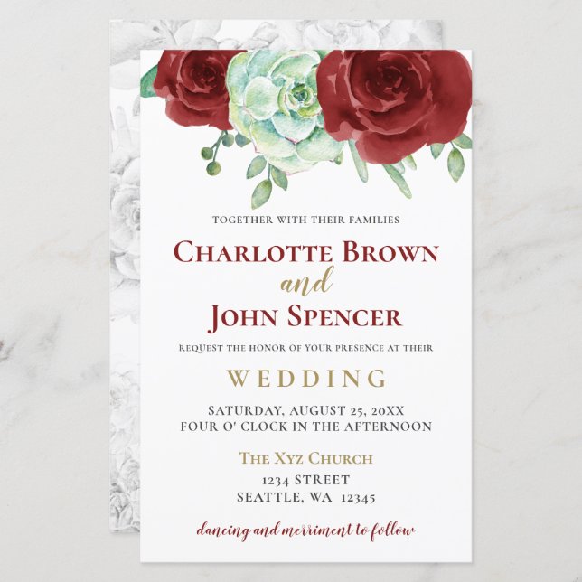 Budget succulent burgundy wedding invitation (Front/Back)