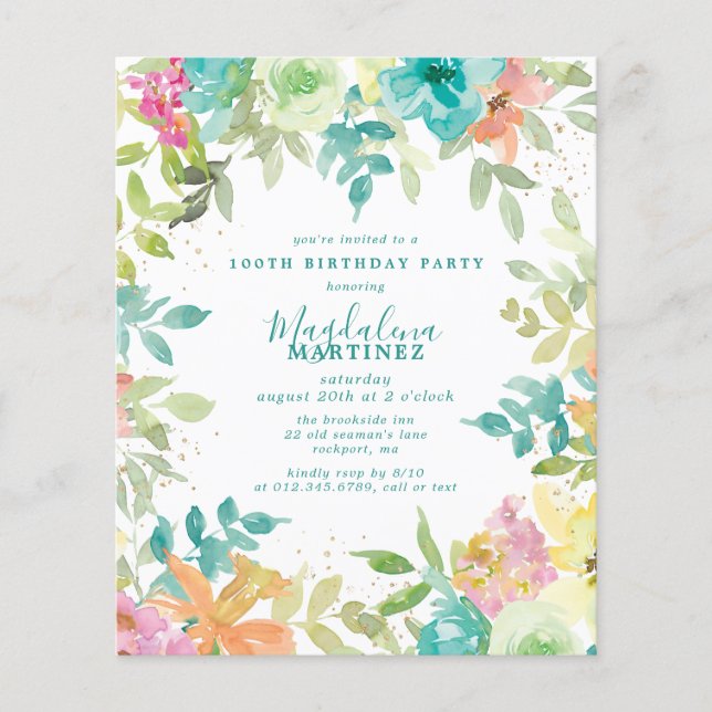 Budget Summer Floral 100th Birthday Invitation (Front)