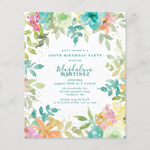 Budget Summer Floral 100th Birthday Invitation