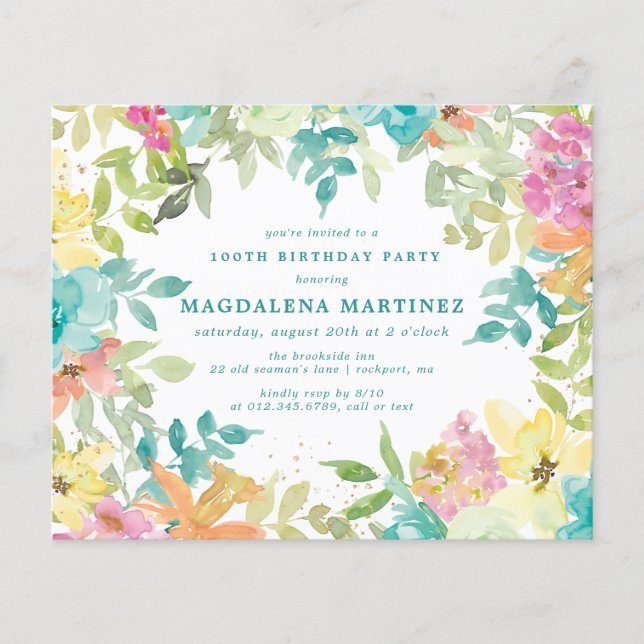 Budget Summer Floral 100th Birthday Invitation (Front)