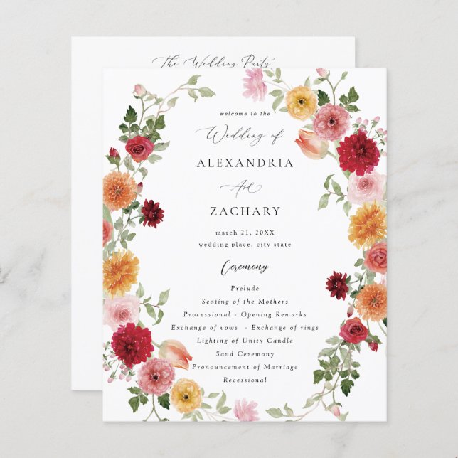 Budget Summer Multi Colour Floral Wedding Program  (Front/Back)