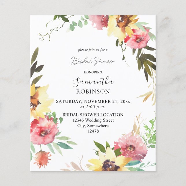 Budget Summer Sunflower Floral Bridal Shower Flyer (Front)