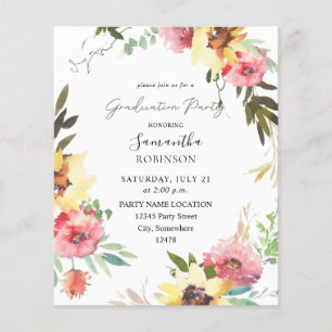 Budget Summer Sunflower Floral Graduation Party Flyer