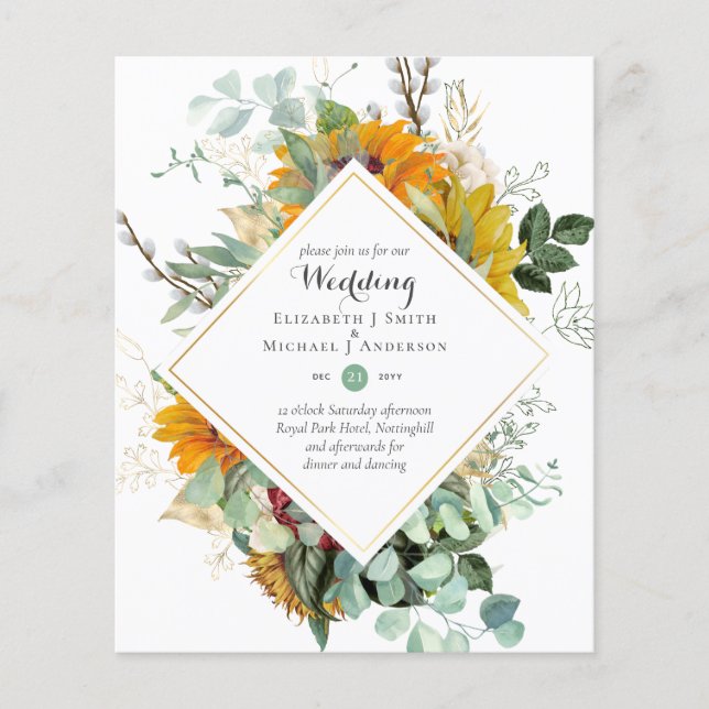 Budget Sun Flowers Greenery WEDDING Invitations Flyer (Front)