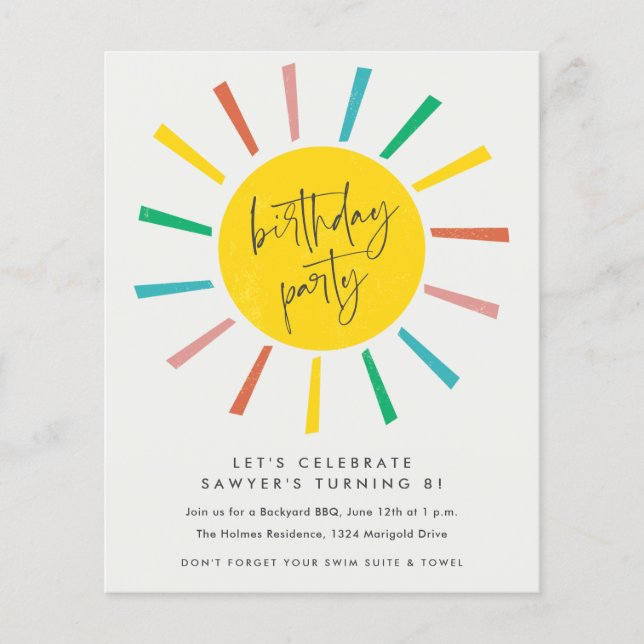 Budget Sun Script Kids Birthday Party Invitation Flyer (Front)