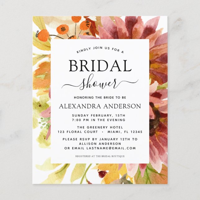 Budget Sunflower Bridal Shower Burgundy Floral Flyer (Front)