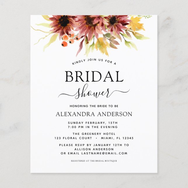 Budget Sunflower Bridal Shower Burgundy Floral Flyer (Front)