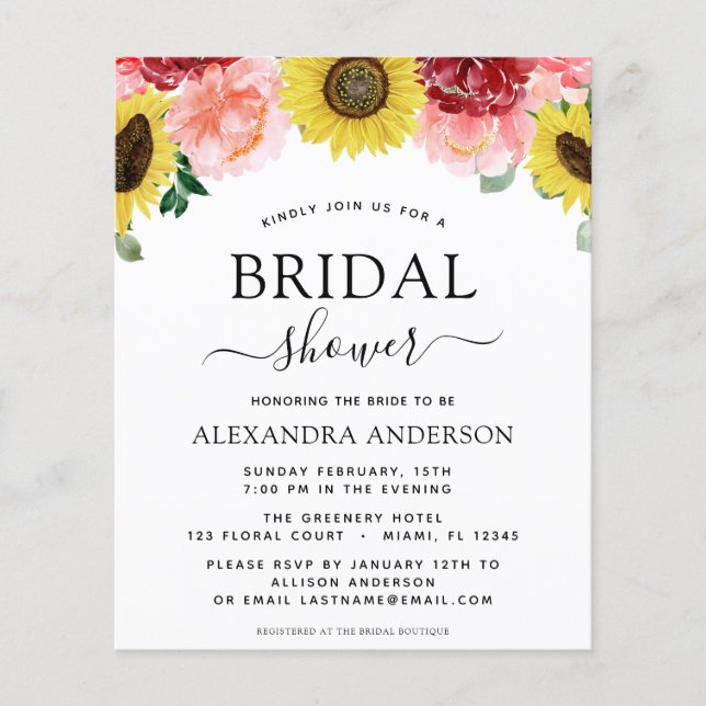 Budget Sunflower Bridal Shower Floral Invitations Flyer (Front)